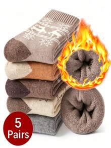 5 Pasang Kaos Kaki Fleece Tebal Musim Dingin Setinggi Betis, Kaos Kaki Jacquard Terry Motif Rusa Klasik - MultiWarna - View 1