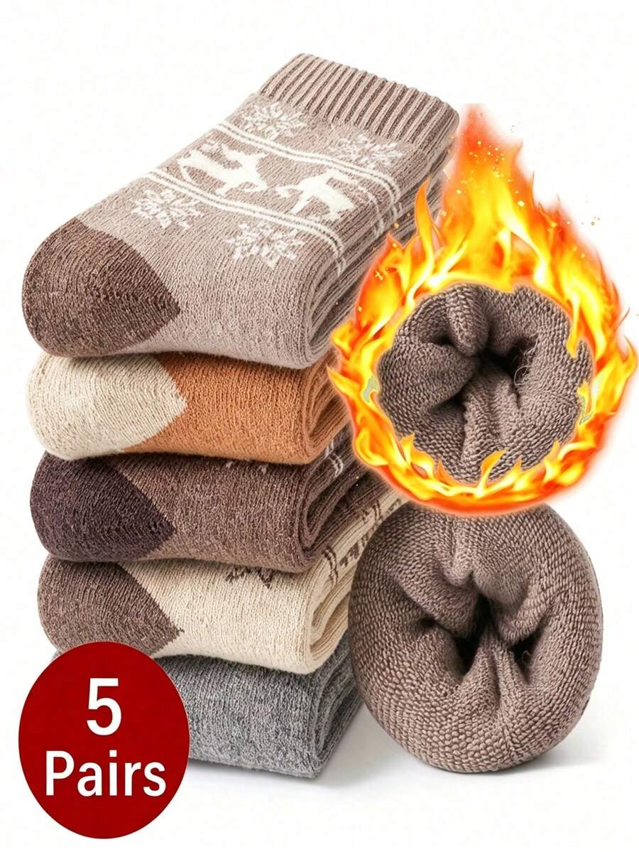 5 Pasang Kaos Kaki Fleece Tebal Musim Dingin Setinggi Betis, Kaos Kaki Jacquard Terry Motif Rusa Klasik - MultiWarna - View 1