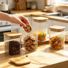 2/4/6/8pcs-Square Striped Glass Storage Jars, Oatmeal Canisters, Glass Spice Jars, Cookie Jars With Bamboo Lids, Airtight Square Glass Containers, 550ml Kitchen Food Storage, Suitable For Spices, Oatmeal, Cookies, Candy And Pantry Organization - View 2
