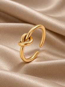 1pc Stainless Steel Knot Open Ring For Women, Minimalist Geometric Gold Ring, Adjustable Fashion Jewelry For Daily Wear - Elegant - View 1