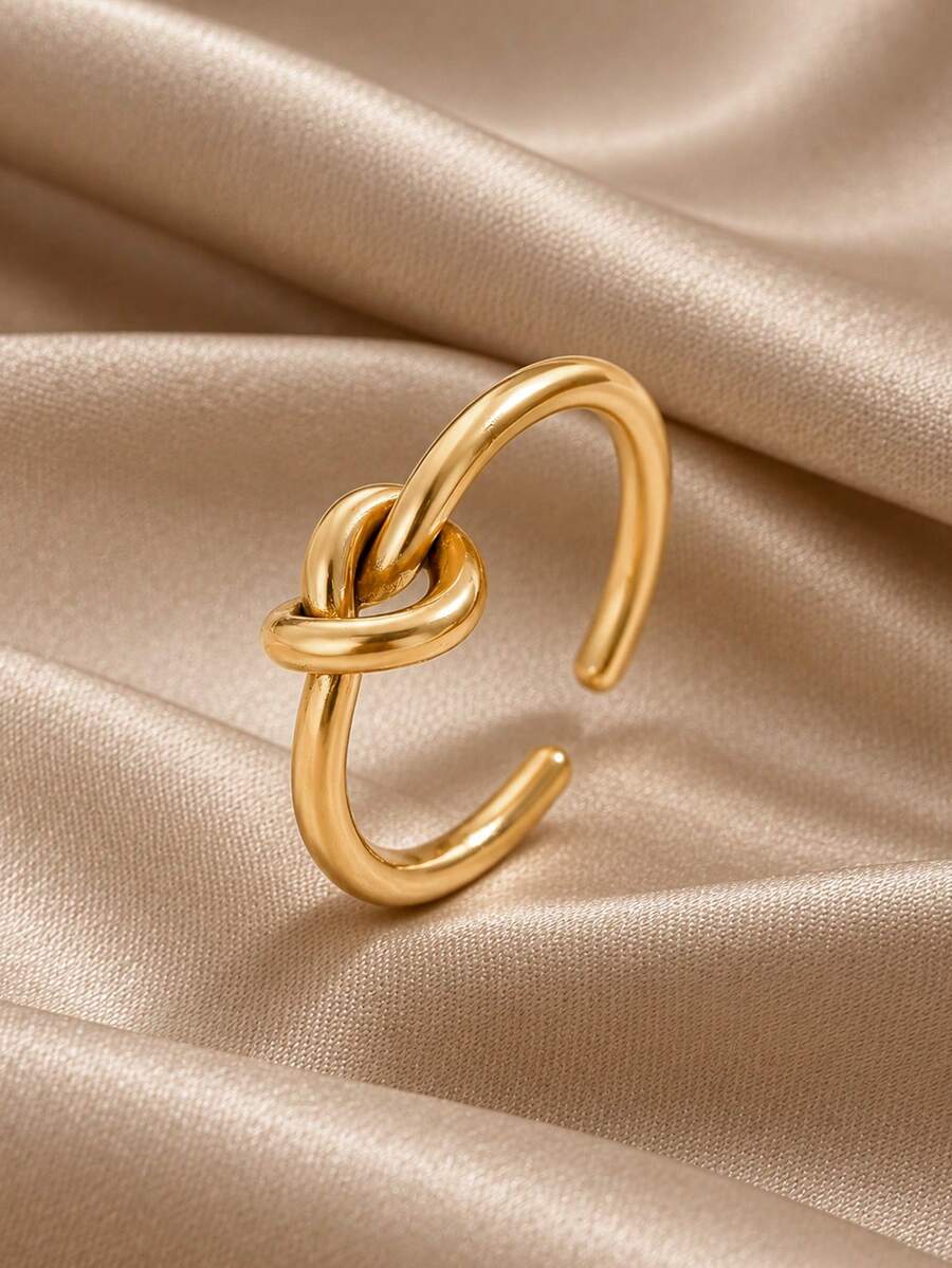 1pc Stainless Steel Knot Open Ring For Women, Minimalist Geometric Gold Ring, Adjustable Fashion Jewelry For Daily Wear - Elegant - View 1