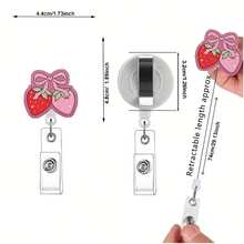 1pc Strawberry Retractable Badge Reel, Strawberry Bow Print ID Card Holder, Suitable For Nurses, Doctors, Teachers, Volunteers, Office Workers, Christmas, Valentine's Day - A - View 2