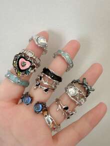 Y2K Crystal Heart & Star Adjustable Asymmetrical Geometric Punk Retro Harajuku Style Ring Set, Women's Fashion Grunge Jewelry - Multicolor - View 6