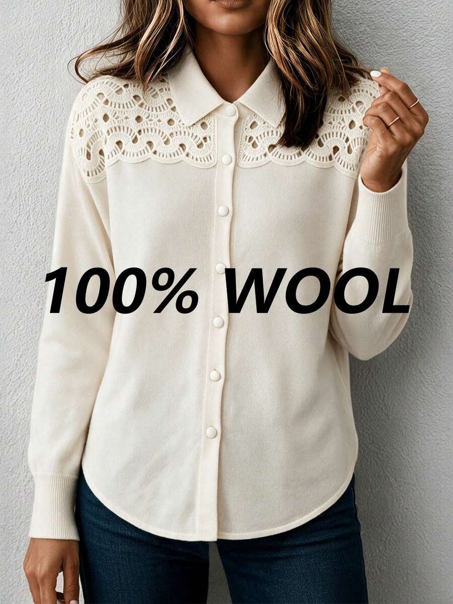HEYMINI Autumn/Winter New 100% Wool Sweater, Shoulder Cut-Out Lapel Long Sleeve Knit Cardigan, Suitable For Daily Wear And Outings - White - View 1