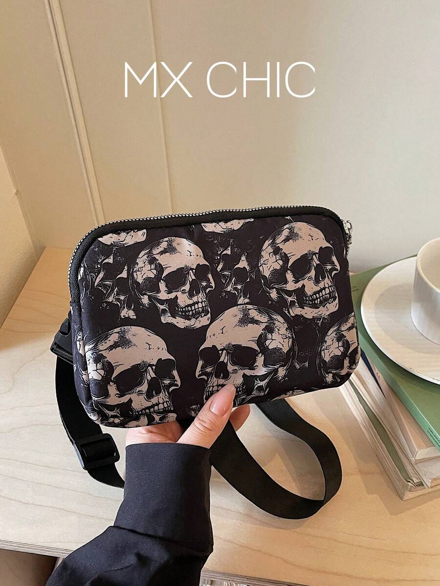 1件女款骷髏印花胸包,時尚輕便單肩斜挎方包,萬聖節禮物包 - 彩色 - 查看 1