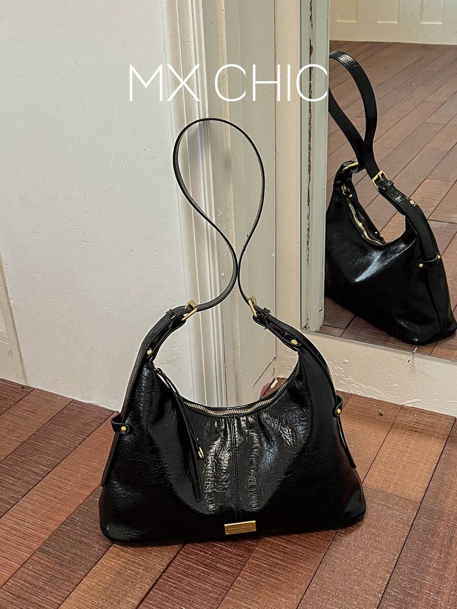 韓版簡約小眾純色黑色復古紋理女款手提包 秋冬新款時尚包 - 黑色 - 查看 1