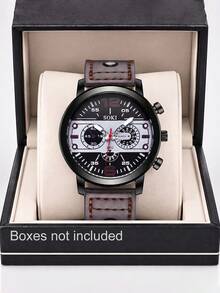 SOKI SOKI 1pc Vintage Casual Men's Quartz Watch, Cool Sporty Large Round Dial, Multi-Dial Design, Rugged Masculine Style, Brown PU Strap With Rivet Decoration, Excellent Texture, Comfortable To Wear, Multi-Dial Design Wristwatch, Suitable For Daily, Holiday, Party, Ramadan, Eid, Office, Thanksgiving, Wedding, Banquet, Date, Christmas, Back To School, Halloween, Easter And Other Occasions (Box Not Included) - Brown - View 2