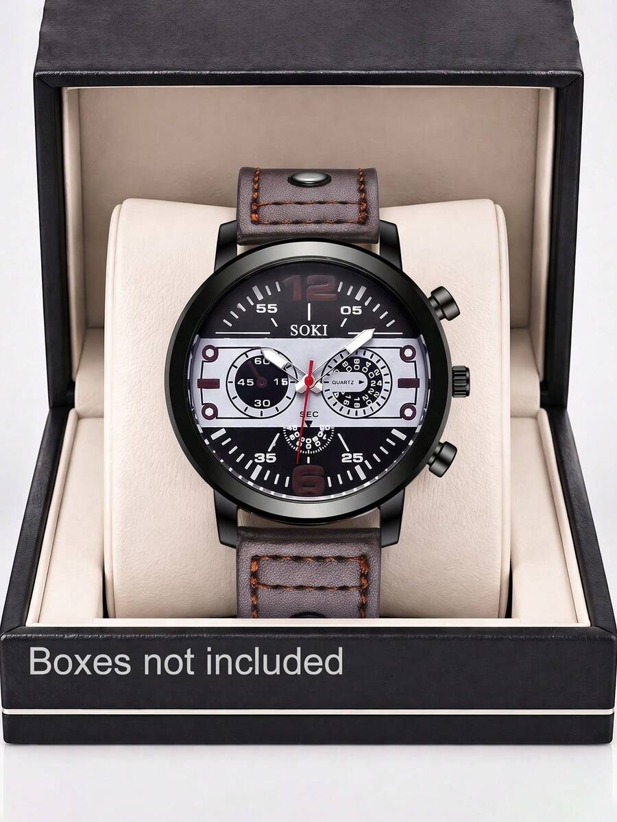 SOKI SOKI 1pc Vintage Casual Men's Quartz Watch, Cool Sporty Large Round Dial, Multi-Dial Design, Rugged Masculine Style, Brown PU Strap With Rivet Decoration, Excellent Texture, Comfortable To Wear, Multi-Dial Design Wristwatch, Suitable For Daily, Holiday, Party, Ramadan, Eid, Office, Thanksgiving, Wedding, Banquet, Date, Christmas, Back To School, Halloween, Easter And Other Occasions (Box Not Included)