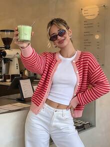 Autumn/Winter Pink Striped Round Neck Knitted Cardigan, Colorblock Trim, Front Button Closure, Lantern Sleeves, Loose Fit, Suitable For City Strolling, Gatherings, Shopping, Casual Activities - Red - View 2
