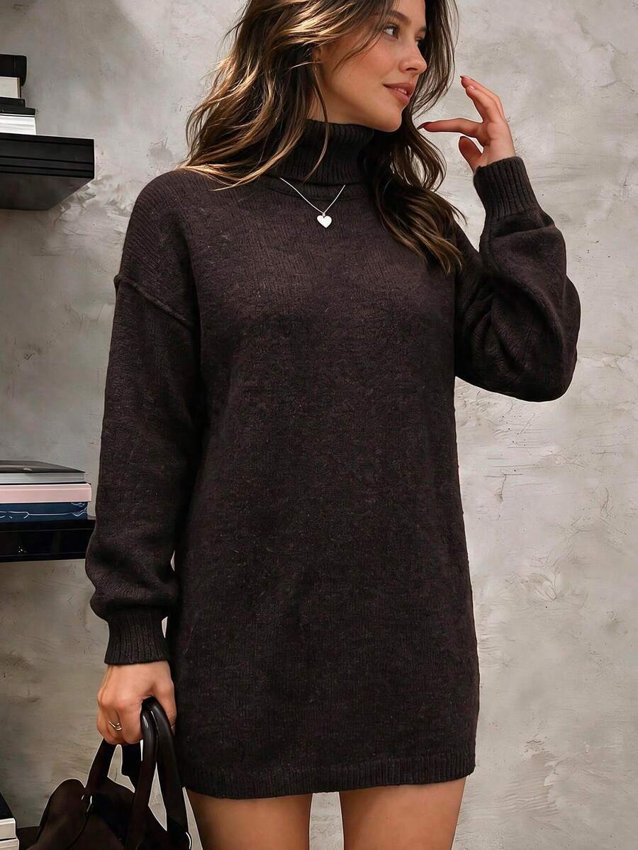 Pull tricoté col montant marron pour femmes Unadoll, style basique élégant, convient pour la rentrée scolaire et le port quotidien - Tabac - Voir 1