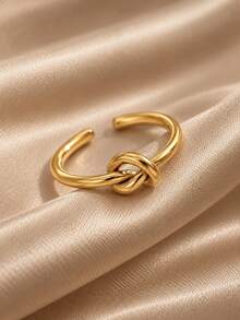 1pc Stainless Steel Knot Open Ring For Women, Minimalist Geometric Gold Ring, Adjustable Fashion Jewelry For Daily Wear - Elegant - View 3