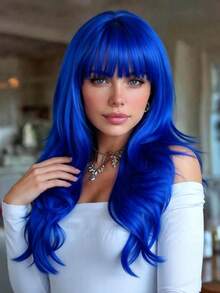 28 Inch Wavy Wig With Bangs, Heat-Resistant Fiber Material, Fluffy And Smooth, Natural Styling, Suitable For Cosplay, Music Festival, Daily Wear, Essential Halloween Party Wig For All Women - Blue - View 4