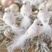 4PCS White Sequin Feather Bird Clips, 5.51 Inch Realistic Decorative Bird Ornaments, Suitable For Christmas Tree, Wreath, Branch Decoration, Holiday Wedding Party And Home Decor - A - View 8
