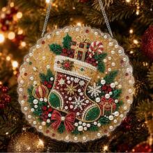 2D Flat Acrylic,1Pc Pearl Diamond Painting,Christmas Stocking Round Hanging Ornament,Candy Cane Gift Box Bow Pattern,Suitable For Front Door,Window,Wall,Home Xmas Decor,Christmas Gift - View 5