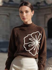 Women's High Neck Wool Knit Sweater Long Sleeve 3D Floral Embroidery Loose Casual Autumn/Winter Warm Pullover - Brown - View 2
