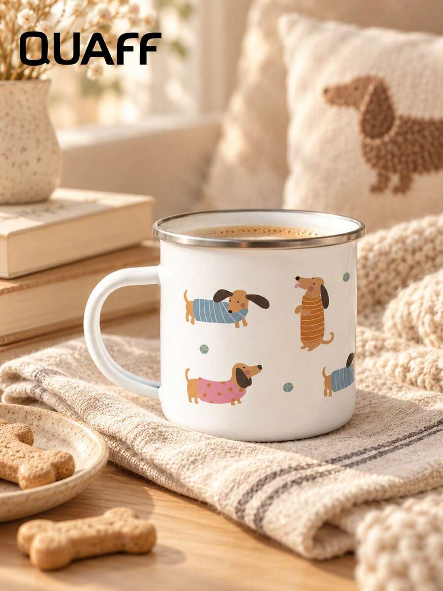 1pc Unisex Enamel Mug, Cute Dachshund And Tennis Ball Pattern Design, Fresh Healing Style Coffee Cup Tea Cup, Suitable For Home Office Camping Daily Use, Birthday Christmas Dog Lover Gift - Multicolor - View 1