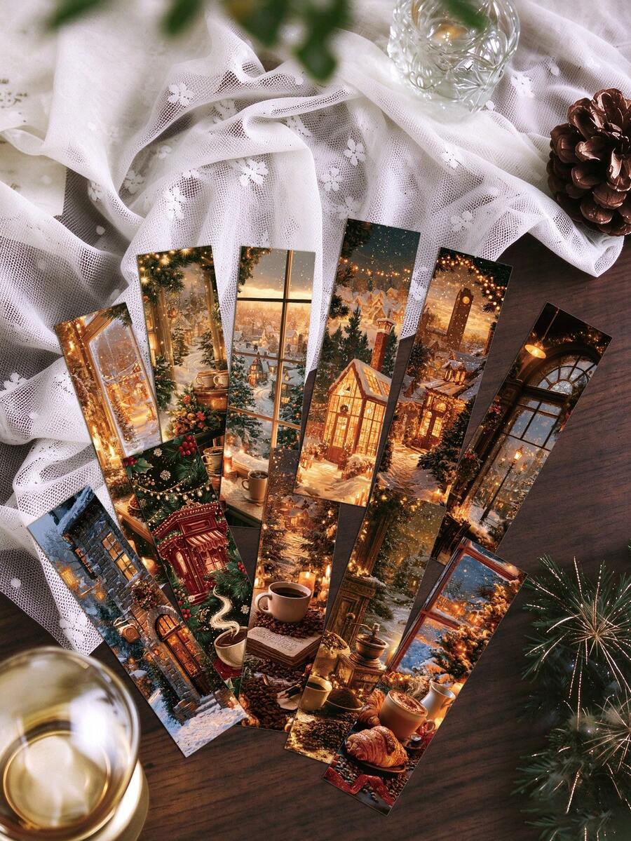 30Pcs Christmas Coffee Paper Bookmarks, Vintage Winter Town Aesthetic ...