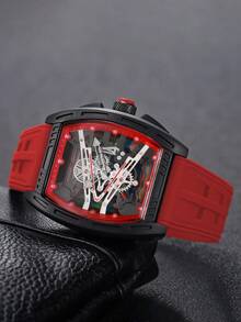 Men's Silicone Watch Classic Fashion Barrel Shape Personalized Gear Dial Handsome Sports Quartz Wristwatch + Bracelet + Necklace + Ring (4pcs/Set) Watch Box Not Included - Red - View 7