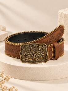 1pc Women's Vintage Metal Buckle Printed Belt, Western Cowboy Style, Pants Accessory, Suitable For Autumn, Winter, Western Theme, Party, Gathering, Christmas - Black - View 16