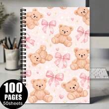 Charming Spiral Notebook Design With A Teddy Bear And Bow Pattern - A Delicate Light Beige Diary Decorated With A Black - One Book (50 Pages, 100 Pages) - View 6