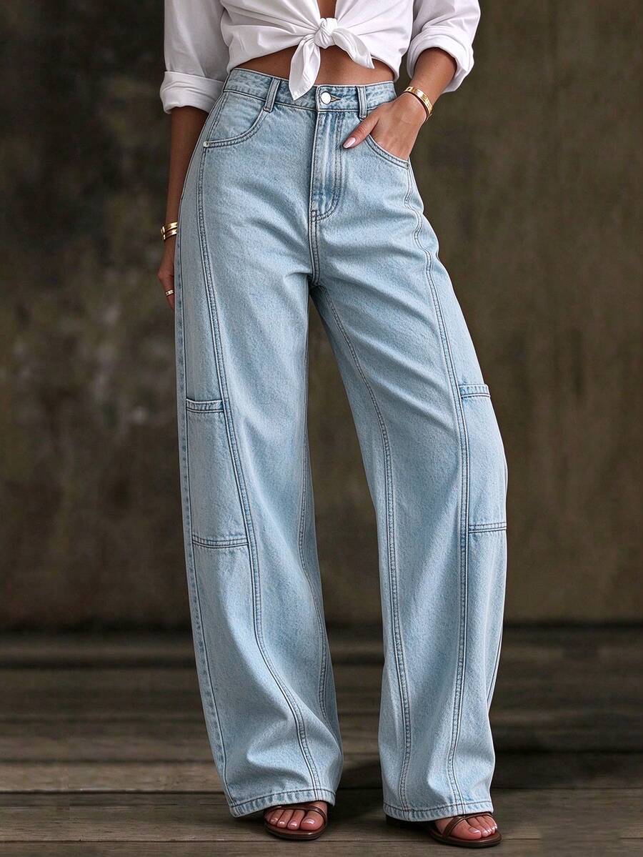Light Snow Wash Split Seam Wide Leg Women's Jeans, Mid-Waist Side Pocket Loose Drape Vintage Street Casual Denim Pants, Autumn/Winter New Outfit