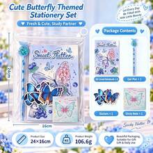 4 Buah Set Alat Tulis Kupu-kupu Cantik, Tersedia Berbagai Gaya, Perlengkapan Sekolah Anak Perempuan yang Lucu dengan Buku Catatan, Pulpen Gel, Stiker, dan Kertas Tempel - Set alat tulis kupu-kupu yang indah - View 6