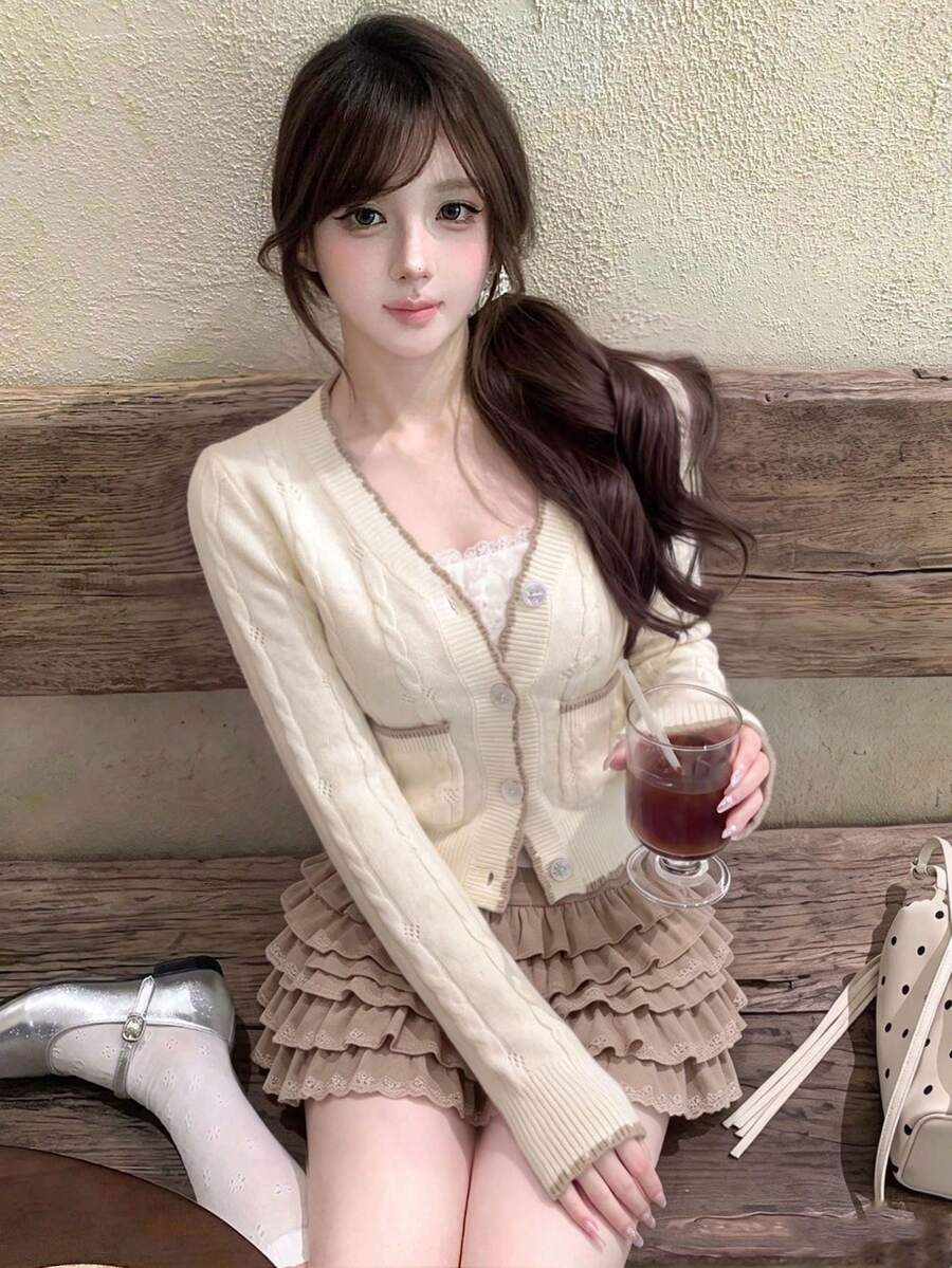 2026 College Style Cable Knit Cardigan, V-Neck Contrast Color Knit ...