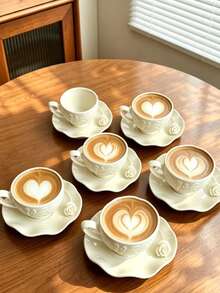 6 Sets/1 Set 90ml 3D Rose Ceramic Coffee Cup And Saucer, Microwave And Dishwasher , Espresso, Arabic Coffee Cup, Saudi Coffee Cup, Suitable For Afternoon Tea, Cafe, Kitchen, Perfect Gift - Multicolor - View 8