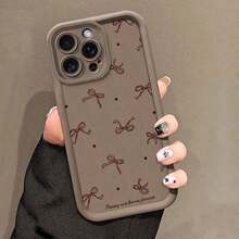 1PC Red Bowknot English Design Minimalist High-Edge Matte Soft Phone Case, Compatible With Apple 17 16 15 14 13 12 11 Plus Pro Max Series, Personalized Ins Style Protective Cover, Fashionable Phone Case, Minimalist Full Coverage Protection, Cute Image, Minimalist TPU Anti-Drop Fashion Protective Case, High Aesthetic Design, Birthday Gift, Holiday Gift - Brown - View 8