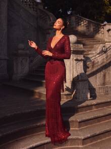 LOVE&LEMONADE Charming Burgundy Deep V-Neck Long Sleeve Sequin Fringe Layered Hem Holiday Party Dress - Burgundy - View 3