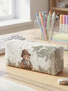 1pc Christmas Snowfield & Animals Print Corduroy Kids Pencil Case,Zipper Large Capacity Stationery Storage Pouch For Student School Daily Study - Multicolor - View 11