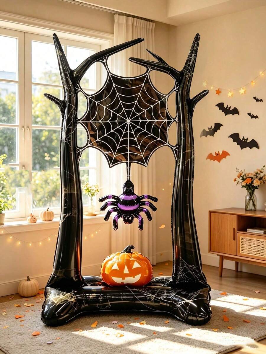 1pc Halloween Spider Web Pumpkin Balloon Decoration - Black And Purple Branch Arch Inflatable Balloon - Perfect For Halloween And Ghost Theme Party - Can Be Used As Children's Party Entrance Backdrop