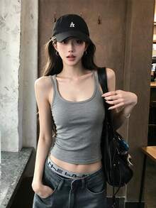 Tank Top Tanpa Lengan dengan Tali Ganda dan Punggung Terbuka, Warna Polos, Bahan Fleece Tipis untuk Lapisan Dasar Musim Gugur/Dingin - Grey - View 1