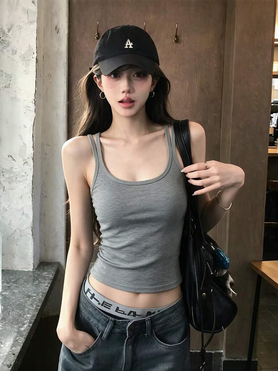 Tank Top Tanpa Lengan dengan Tali Ganda dan Punggung Terbuka, Warna Polos, Bahan Fleece Tipis untuk Lapisan Dasar Musim Gugur/Dingin - Grey - View 1
