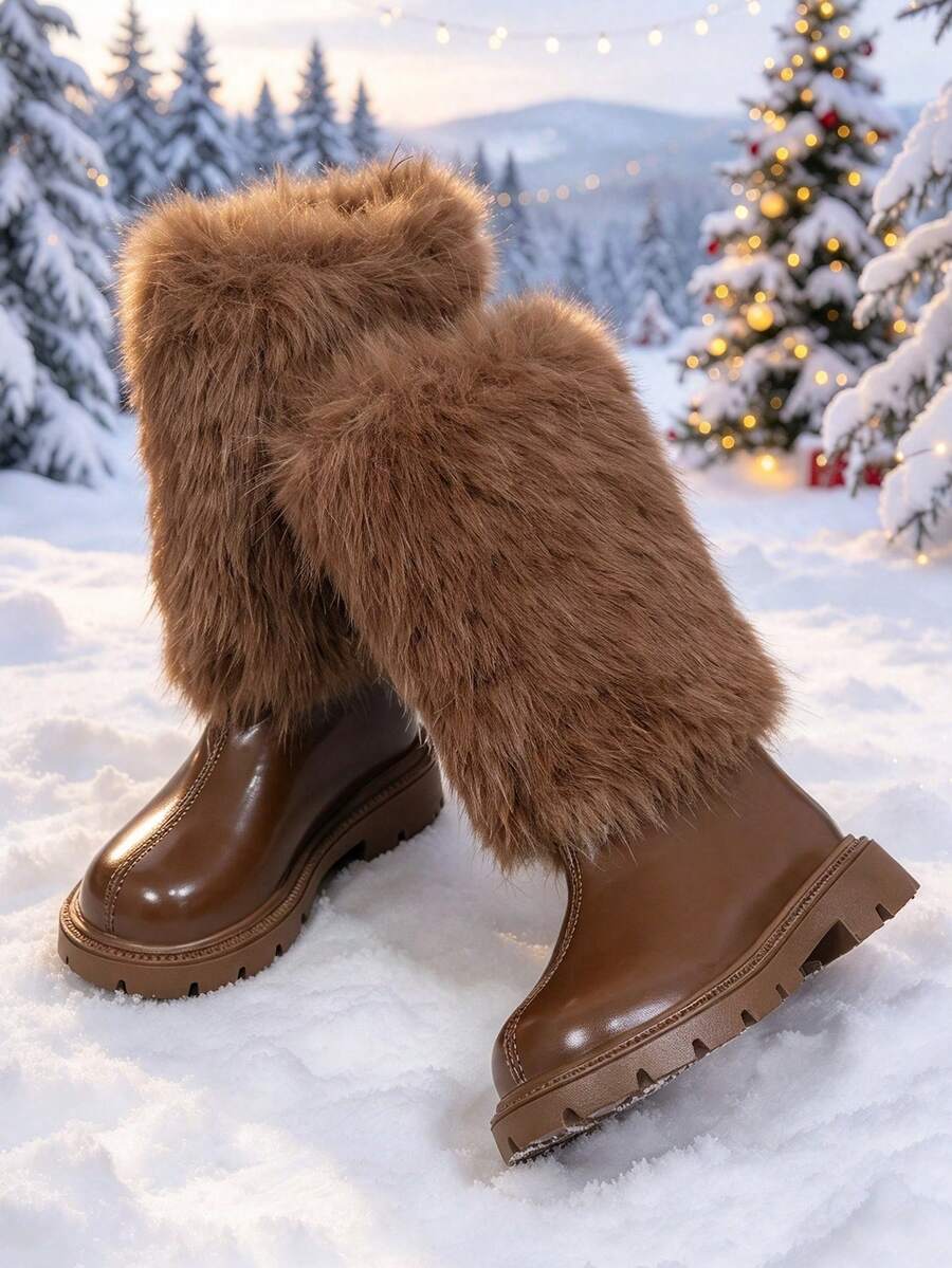1 Pair Girls' Tall Snow Boots, Solid Color PU + Faux Rabbit Fur Material, Round Toe, Elastic Soft Sole, Back Zipper Design, Fashion Princess Style Fleece-Lined Long Boots, Suitable For Daily Outdoor Wear, Autumn/Winter New Arrival