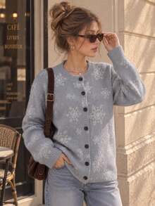 Women's Fall Winter Gray Snowflake Graphic Knit Cardigan, Crew Neck Button Front Sweater, Soft Girl Long Sleeve Layering Top For Back To School Outfit - Light Grey - View 5