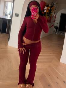 Early Autumn New Solid Color Hooded Zip-Up Jacket & Flared Slim-Fit Long Pants Casual Sports Set - Dark Red - View 1