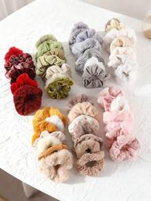 7pcs Multi-Material Scrunchies Set, Faux Rabbit Fur, Satin, Corduroy, Plaid Hair Ties, High Elasticity, No-Crease, Daily Hair Styling For Women - Multicolor - View 2