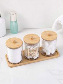 3pcs Transparent Plastic Round Cotton Swab Storage Box (With Tray) / 1pc Modern Portable Desktop Storage Box (Home Use) - Multicolor - View 3