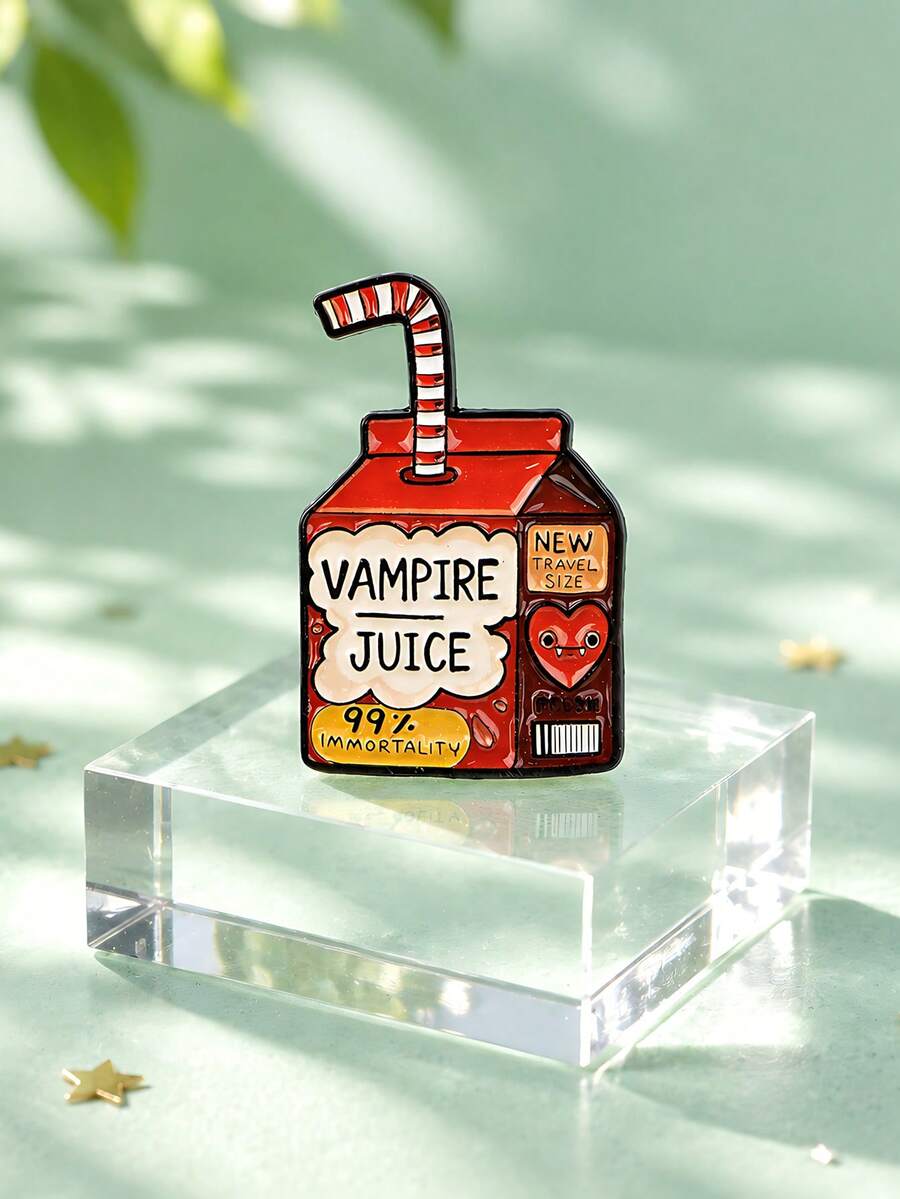 1pc Gothic Quirky Style Zinc Alloy Oil-Drip Red Juice Box Straw Letter Brooch, Women's Halloween Backpack & Jacket Decoration Gift - Multicolor - View 1