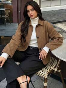 Ladies' Autumn Elegant Casual Button Long Sleeve Jacket, Suitable For Office Vacation Autumn Coat Autumn Ladies - Coffee Brown - View 1
