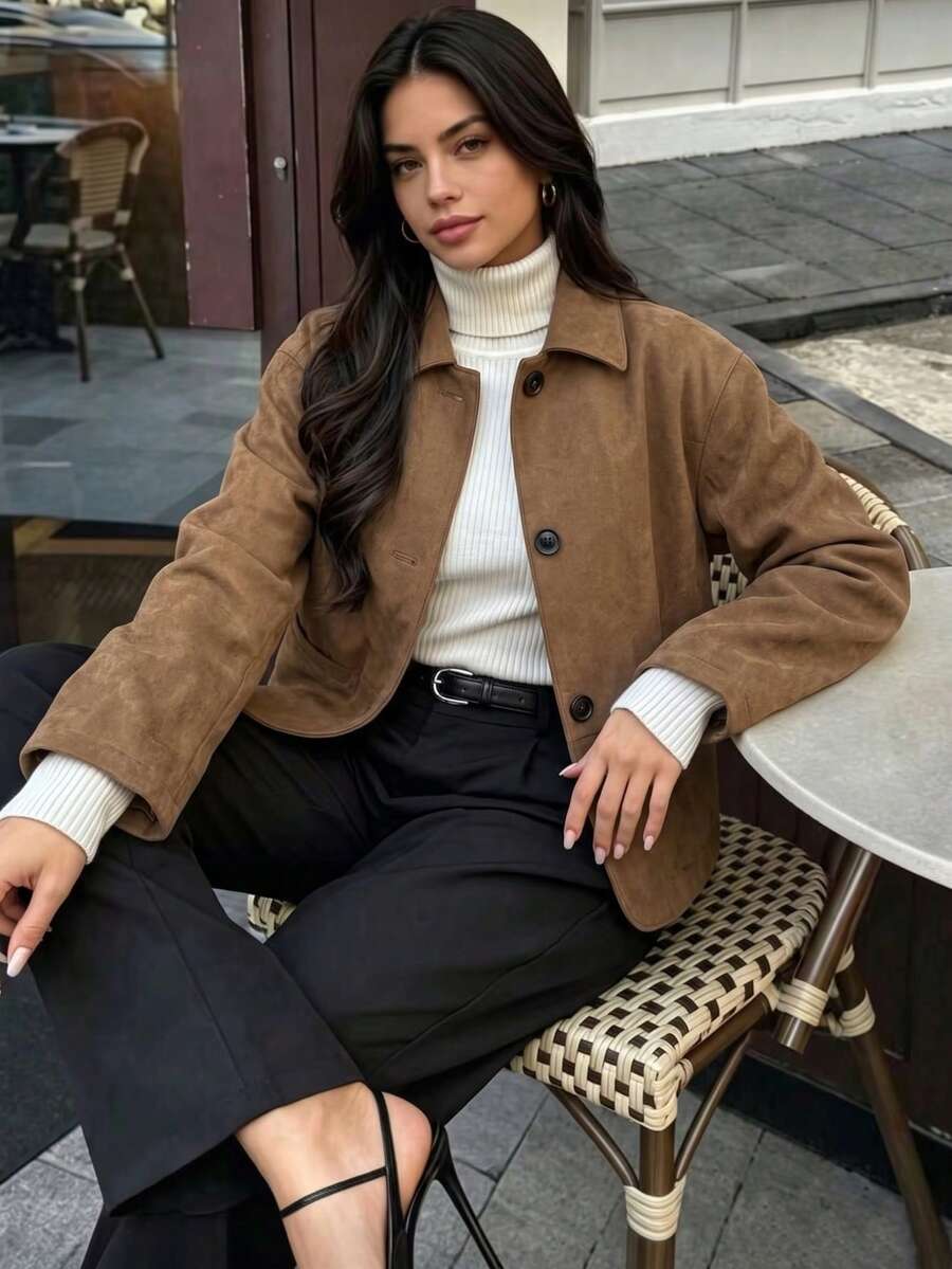 Ladies' Autumn Elegant Casual Button Long Sleeve Jacket, Suitable For Office Vacation Autumn Coat Autumn Ladies - Coffee Brown - View 1