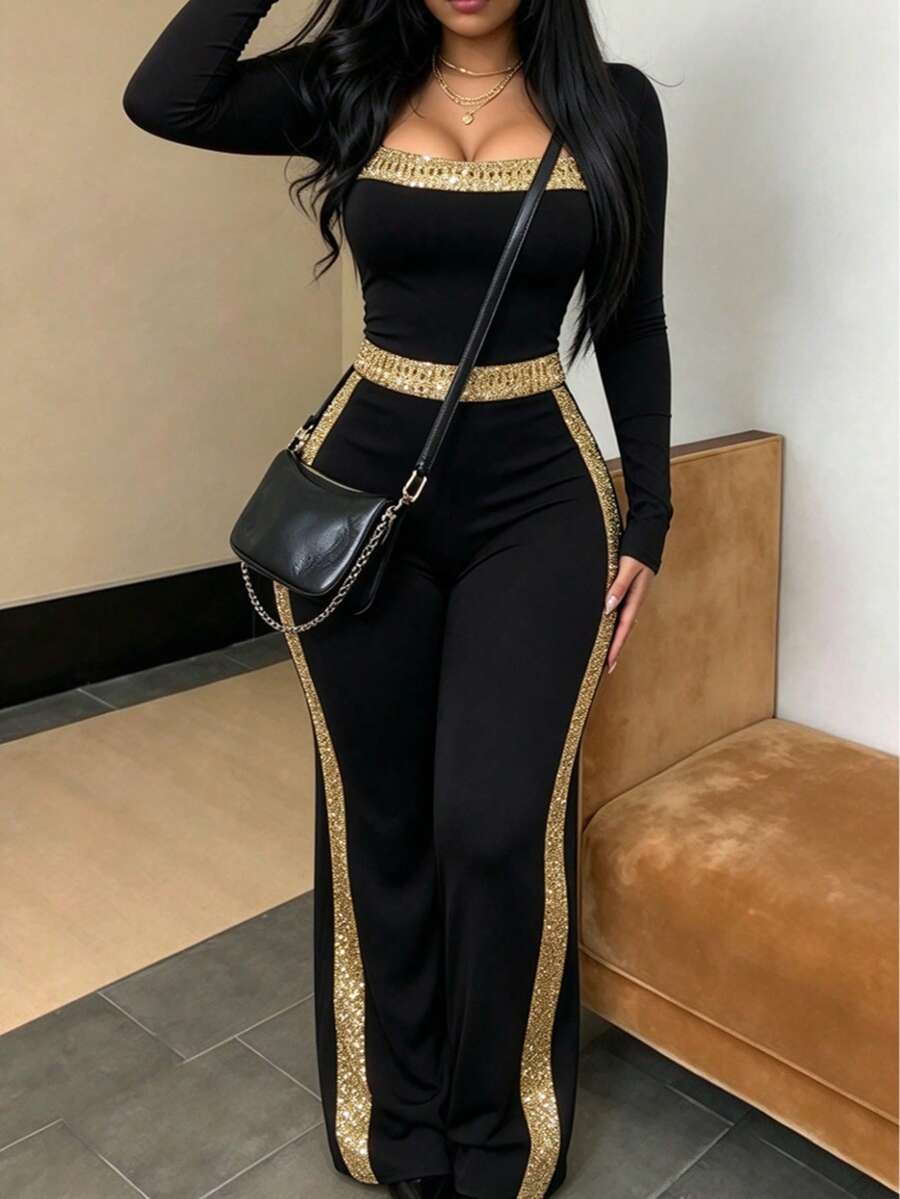 New Fall/Winter Women's Fashionable And Elegant Party Outfit: Patchwork Sequin, Versatile Color-Blocking, Long-Sleeve Everyday Women's Jumpsuit