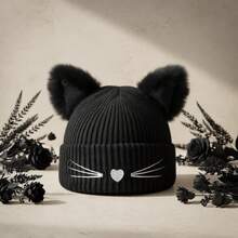Sweet Cool Style Cat Knit Hat With 3D Plush Cat Ears, Embroidered Whiskers, Pullover Design, Warm For Autumn/Winter, Photo Prop Hat, Cute Embroidered Cat Face Knit Hat For Girls - Multicolor - View 5
