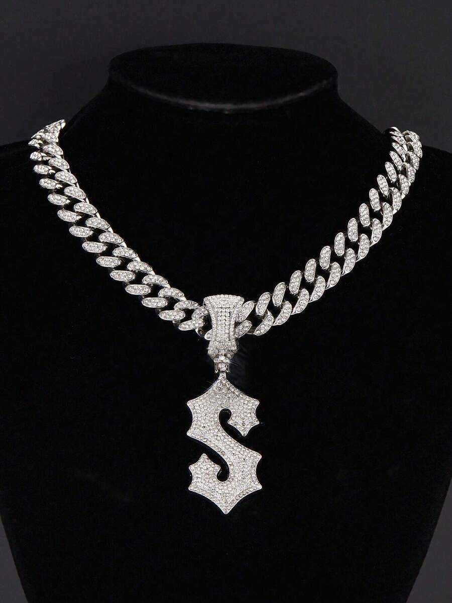 Iced Out Gothic 26 Letter Pendant Cuban Link Chain Necklace, Hip Hop Bling Rhinestone Men's Necklace, Street Party Jewelry Gift - Letter - View 1