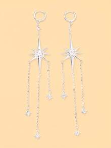 1pc Octagram North Star Multi-Chain Tassel Earrings, Rhinestone Embellished Celestial Style Long Drop Ear Hooks, Suitable For Prom, Wedding, Party - Rhinestones - View 8