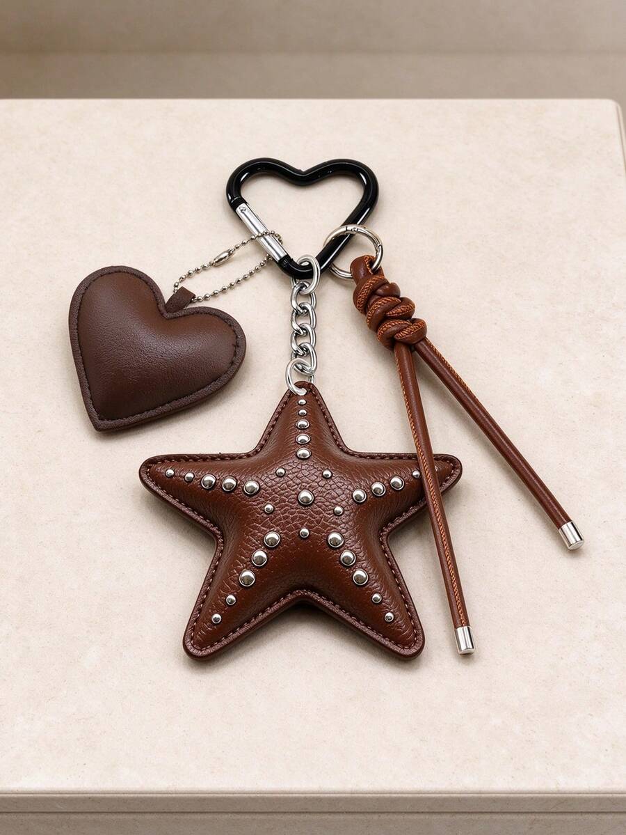 1pc Vintage Punk Style PU Leather Rivet Pentagram Keychain With Heart Pendant Braided Leather Rope Bag Charm, Personalized Heart Climbing Carabiner Pendant, Suitable For Backpack, Handbag Decoration, Car Key Fob, Girls Niche Fashion Accessory, Holiday Gift - Multicolor - View 1