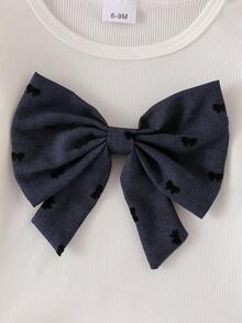 Baby Girl 2pcs Preppy Style Set: White Ribbed Long Sleeve Top With Large 3D Bow And Flutter Sleeves + Navy Blue Pleated Mini Skirt With Bow Print, Includes Matching Bow Headband, Sweet Autumn Outfit - Navy Blue - View 9