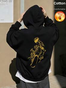 Men's Fleece Hooded Sweatshirt With Back Cyclist Print, Y2K Style, Autumn/Winter - Black - View 11