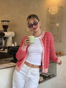 Autumn/Winter Pink Striped Round Neck Knitted Cardigan, Colorblock Trim, Front Button Closure, Lantern Sleeves, Loose Fit, Suitable For City Strolling, Gatherings, Shopping, Casual Activities - Red - View 4